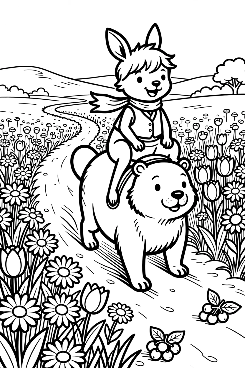 A kangaroo joey along a dusty savanna trail, riding on the back of a beaver, next to a field of wildflowers, with ripe berries scattered on the ground.