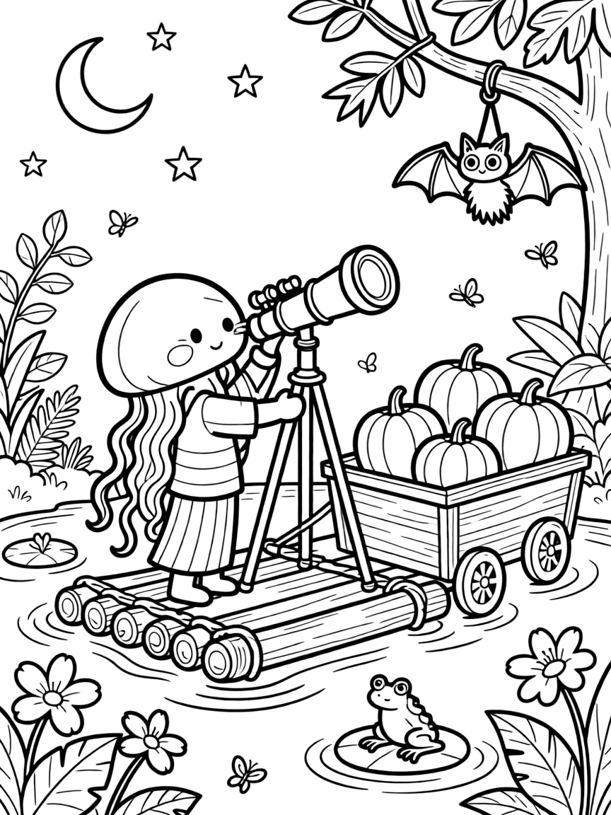 A sparkly jellyfish lantern keeper is stargazing through a giant telescope on a raft floating down a lazy jungle river, joined by a wagon overflowing with glowing pumpkins and a friendly bat hanging upside down nearby. Giggles echo happily through the whole valley.