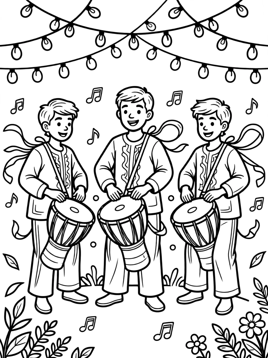 A coloring page of a lively performance in Nigeria featuring drummers playing talking drums that mimic the rhythm of speech, decorated with ribbons, streamers, and twinkling string lights overhead.