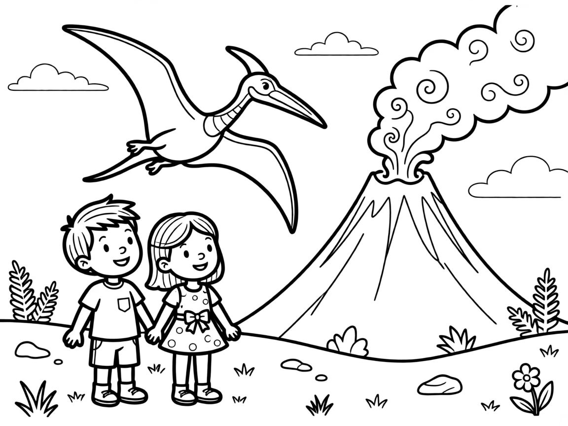 a cheerful pair of best friends watches a pterodactyl soar overhead near a smoking volcano.