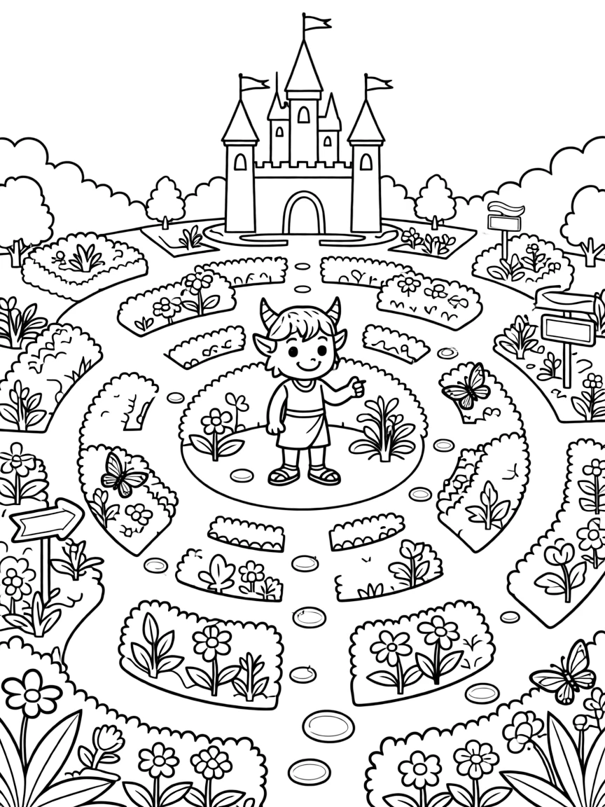 A castle's royal garden maze hides a friendly minotaur who happily gives directions to lost visitors.