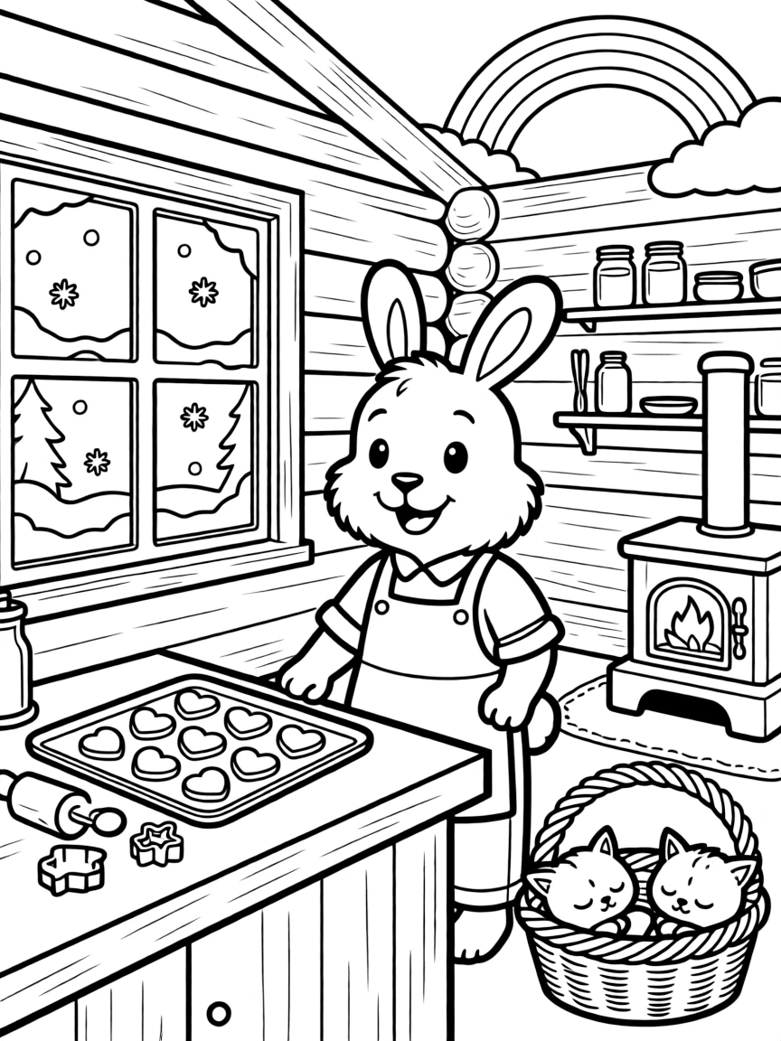 A fluffy bunny with long floppy ears is baking a batch of heart-shaped cookies inside a cozy log cabin during a gentle snowstorm. Scattered nearby, a soft rainbow arching overhead and a basket of sleepy kittens curled together round out the happy picture.