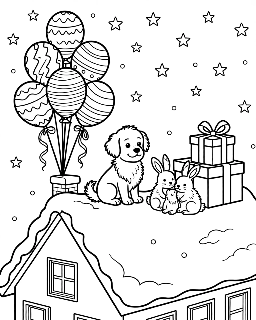 A bunch of shiny New Year balloons on a snowy rooftop under a starry night sky, while a fluffy puppy looks on nearby, a family of snow-covered rabbits and a stack of wrapped gifts completing the scene.