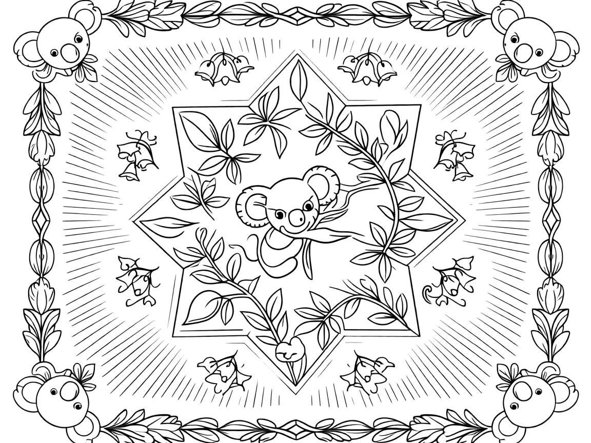 Zoo & Safari Animals: The page centers on a repeating motif of a koala hugging a smooth eucalyptus branch, built around a hexagon-based mandala built from six matching wedges. The motif is placed at each of the four corners in matching pairs, connected by a looping border pattern around the edge. Decorative details fill the surrounding space, including rays fanning out like a small sunburst, clusters of tiny bells, and layered leaf clusters woven throughout the background. A playful extra touch completes the page: a curious little mouse peeking out from behind one of the shapes.