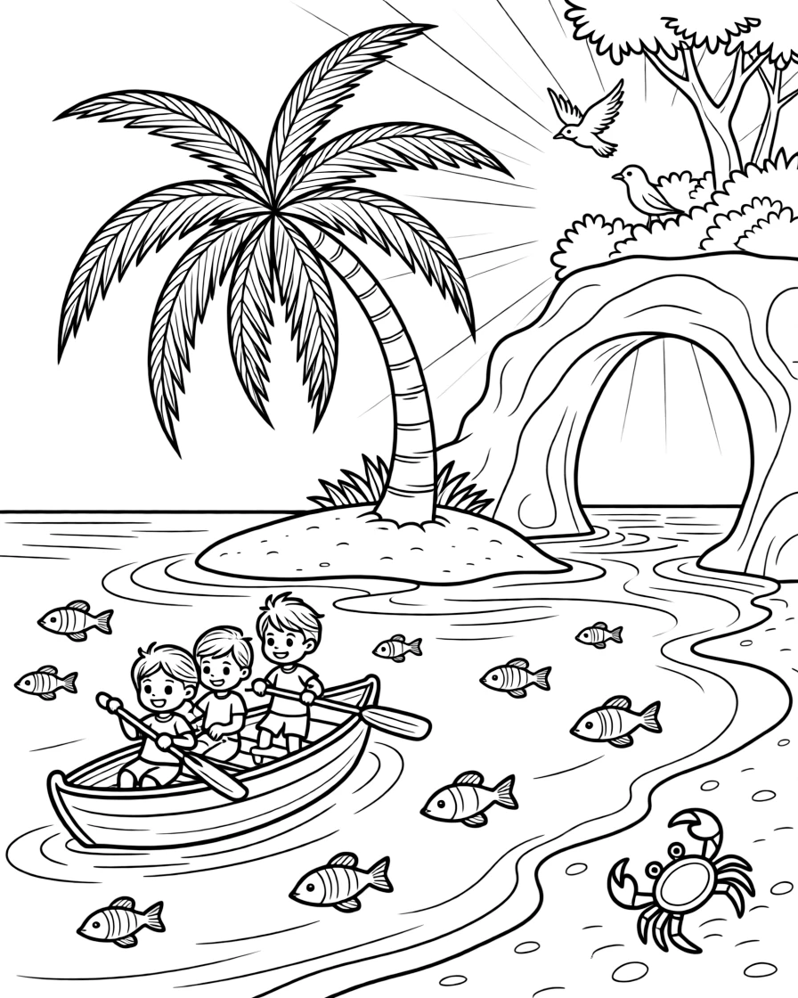 [Tropical Islands] A group of children paddle a small canoe toward a tiny island with a single curved palm tree. Tropical fish dart through the shallow water while a crab scuttles across the sand nearby. A rocky archway frames a hidden cove where gentle waves lap against the shore. Soft morning light glows over the island as birds call from the treetops.