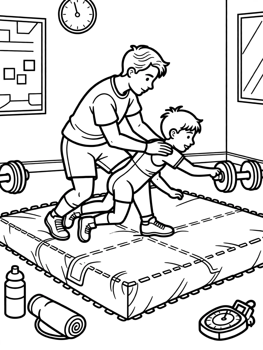 A wrestling coach demonstrates a takedown move on a padded gym mat.
