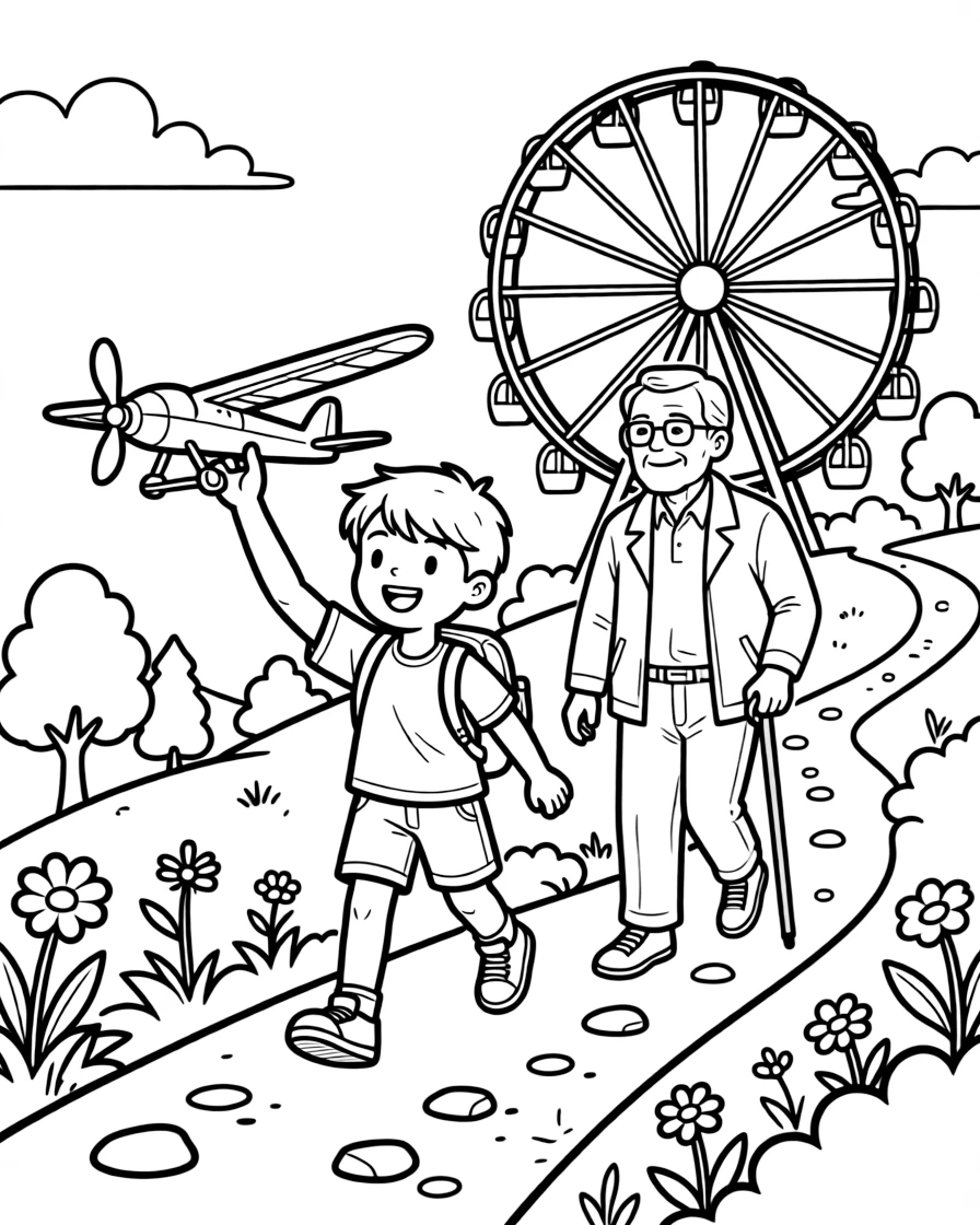 A boy with a backpack flying a model airplane together with an elderly neighbor on a mountain trail while a ferris wheel spins in the distance.