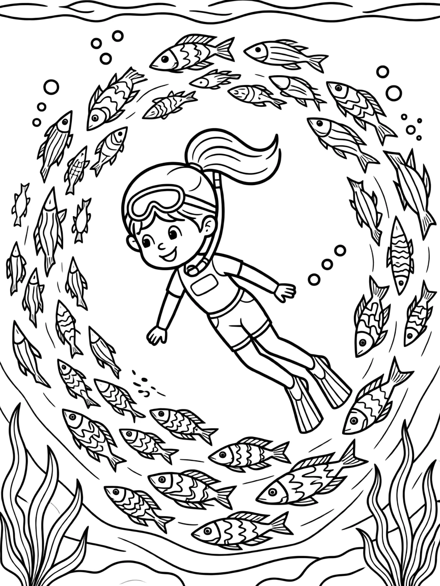 An energetic girl with a big smile, diving down briefly to get a closer look at a school of bright fish.