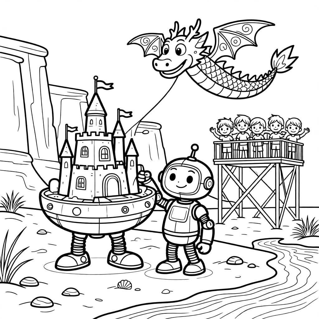 Bleep, a robot with spring-loaded feet building a sandcastle shaped like a spaceship on a red planet beach near a red desert planet with towering rock canyons, surrounded by a group of kids waving from a nearby observation deck and a kite shaped like a friendly dragon flying overhead.