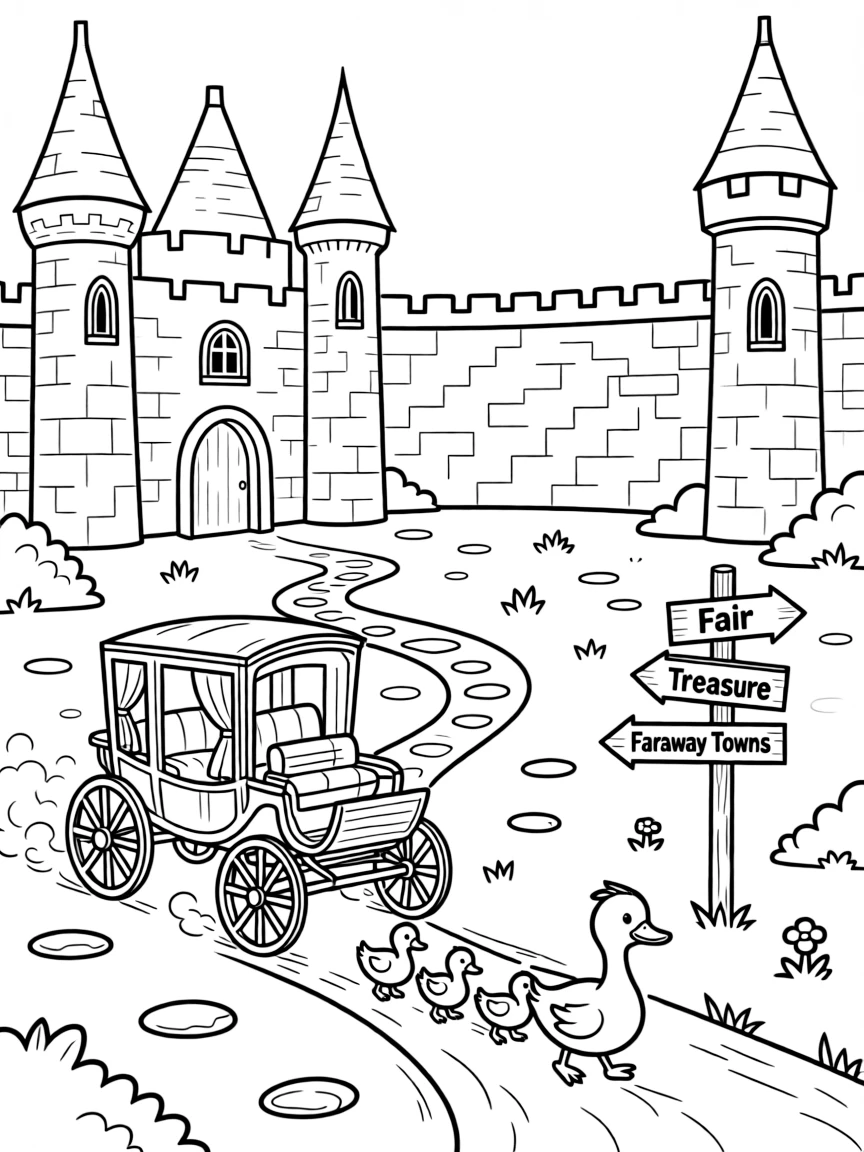 In this scene, a rickety stagecoach kicking up dust on a dirt trail is the star of an old stone castle courtyard with tall towers, joined by a family of ducks waddling alongside, with road signs pointing toward fun destinations and an old wooden signpost pointing to faraway towns scattered throughout for kids to color.