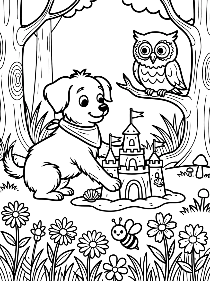 A sheepdog building a sandcastle beside a wise old owl in an enchanted forest clearing, near a field of wildflowers, while a friendly bee buzzes past.