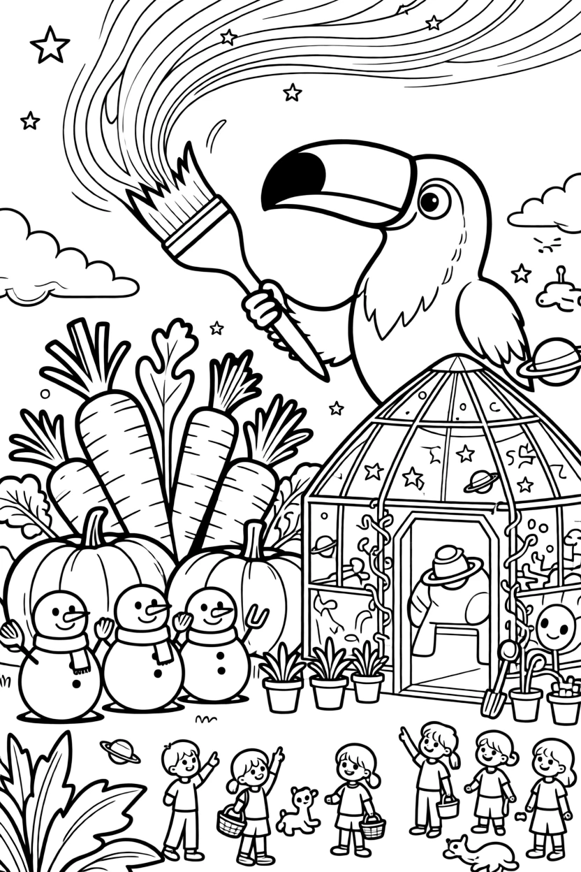 Goofy and full of excitement, a toucan fruit seller spends the day painting the sky with a giant paintbrush at a space station greenhouse growing giant vegetables. Nearby, a group of snowmen wearing matching scarves adds to the fun. The whole neighborhood has come out to join the fun.