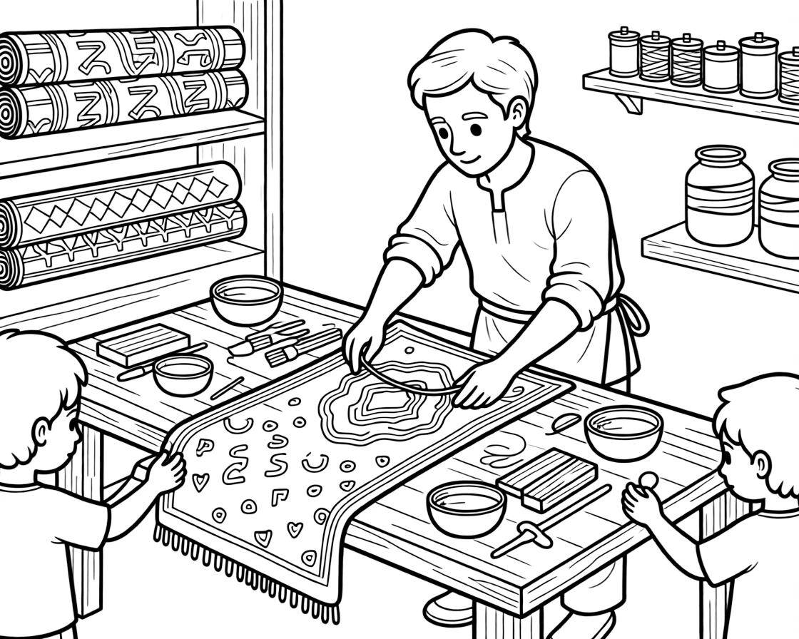A coloring page of a craftsman dyeing cloth with indigo in patterned adire designs in Nigeria, shown step by step with helpful hands and a workshop table full of materials.