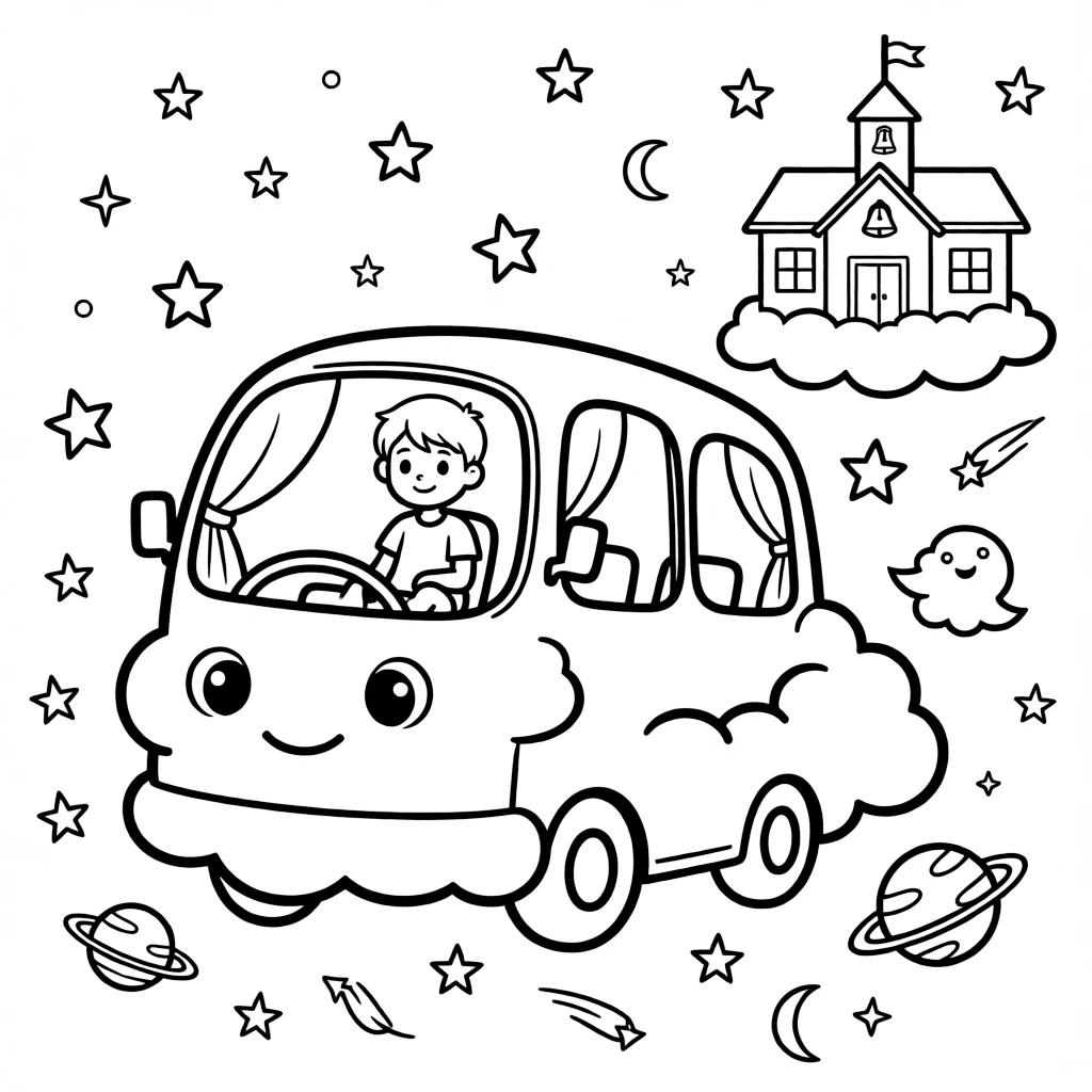 a shy young boy rides a friendly cloud-shaped bus to a school floating among the stars.