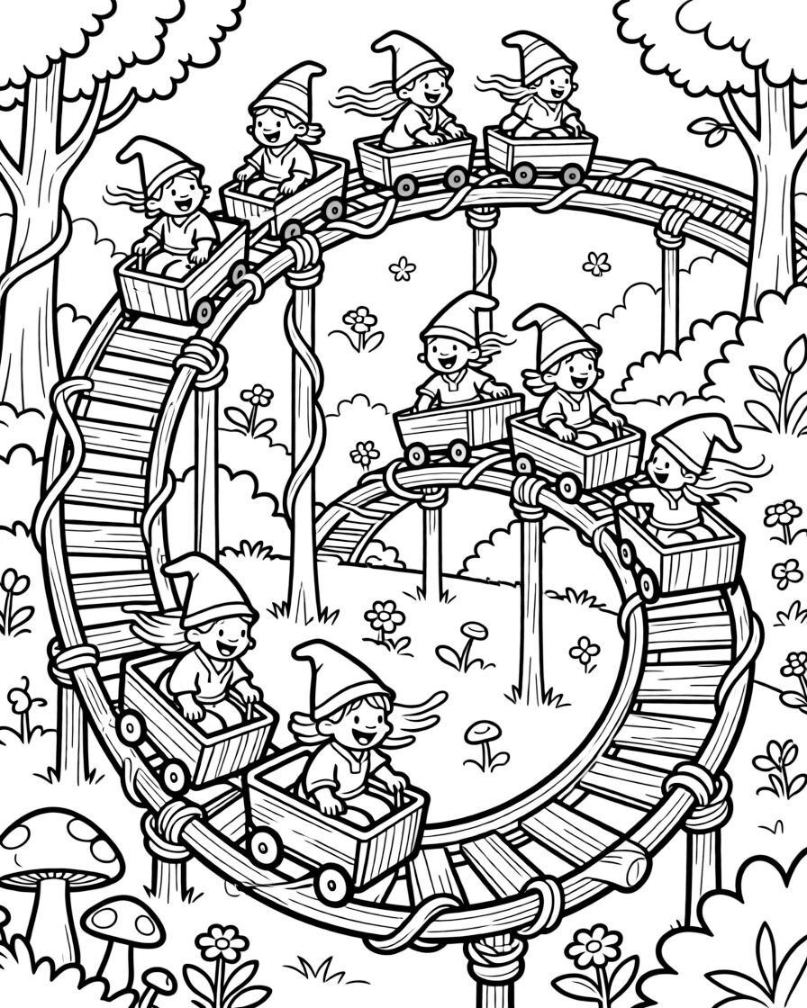 A group of forest gnomes construct a rollercoaster from vines and logs, squealing with delight as they zoom downhill.
