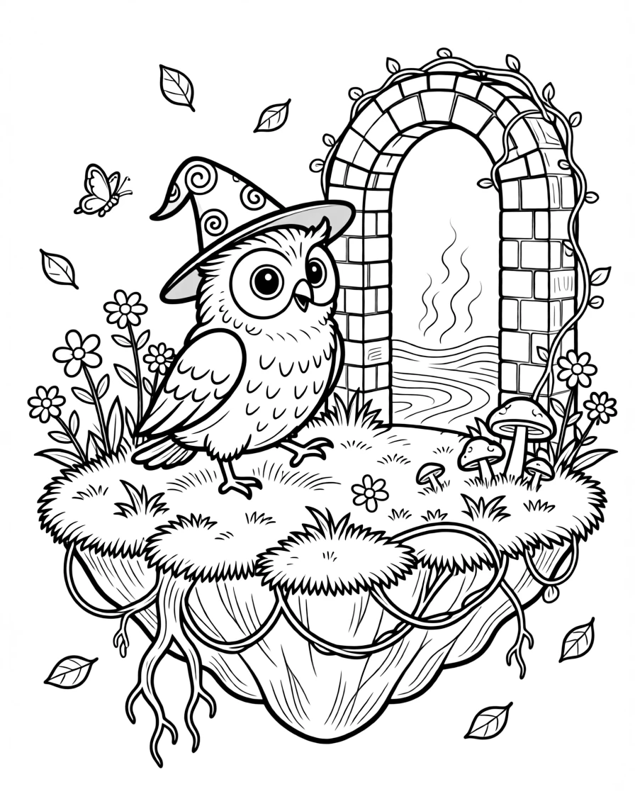 [Fantasy Creatures] a wise old wizard's owl prancing through an enchanted meadow atop a floating mossy island. In the background, an old stone archway stands nearby, adding extra fun to explore. Twisting vines and roots add texture. It all happens on a crisp autumn afternoon, with heat waves shimmering in the distance.