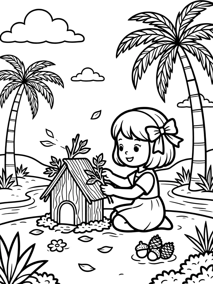 A girl with a bob haircut and a big ribbon is building a fairy house out of twigs and moss at a desert oasis ringed with palm trees. Just beyond, scattered flower petals drifting in the breeze and a cluster of acorns and pinecones scattered about make the setting feel extra special.