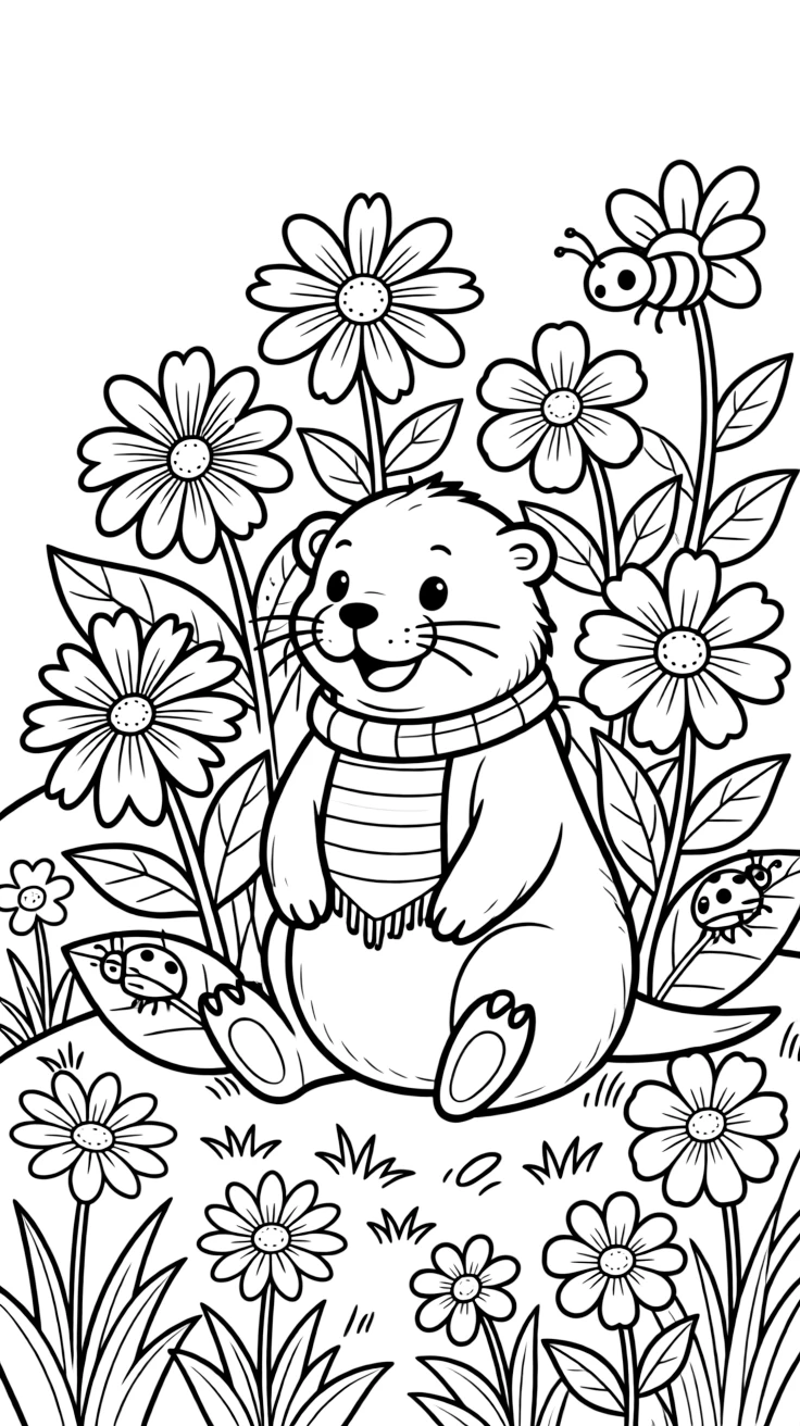 A playful otter sitting beside a garden of flowers planted together on a hillside meadow covered in wildflowers, with a ladybug crawling on a leaf and a bee buzzing near a blossom scattered about.