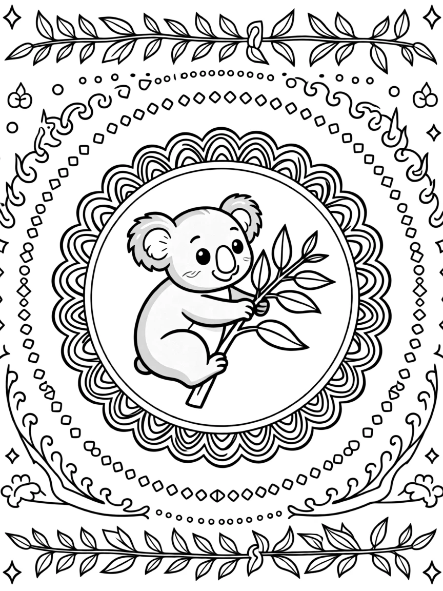 Zoo & Safari Animals: The page presents a small themed scene built around a koala hugging a smooth eucalyptus branch, tied together by a scalloped wreath mandala with rounded overlapping arcs. The scene is placed centrally within a scene bordered top and bottom by mirrored rows of smaller matching details. Decorative details fill the surrounding space, including a repeating chain of small diamonds, a trail of evenly spaced dots, and flame-shaped tips curling upward woven throughout the background. A playful extra touch completes the page: a few sparkling gem shapes dotted along the outer border.
