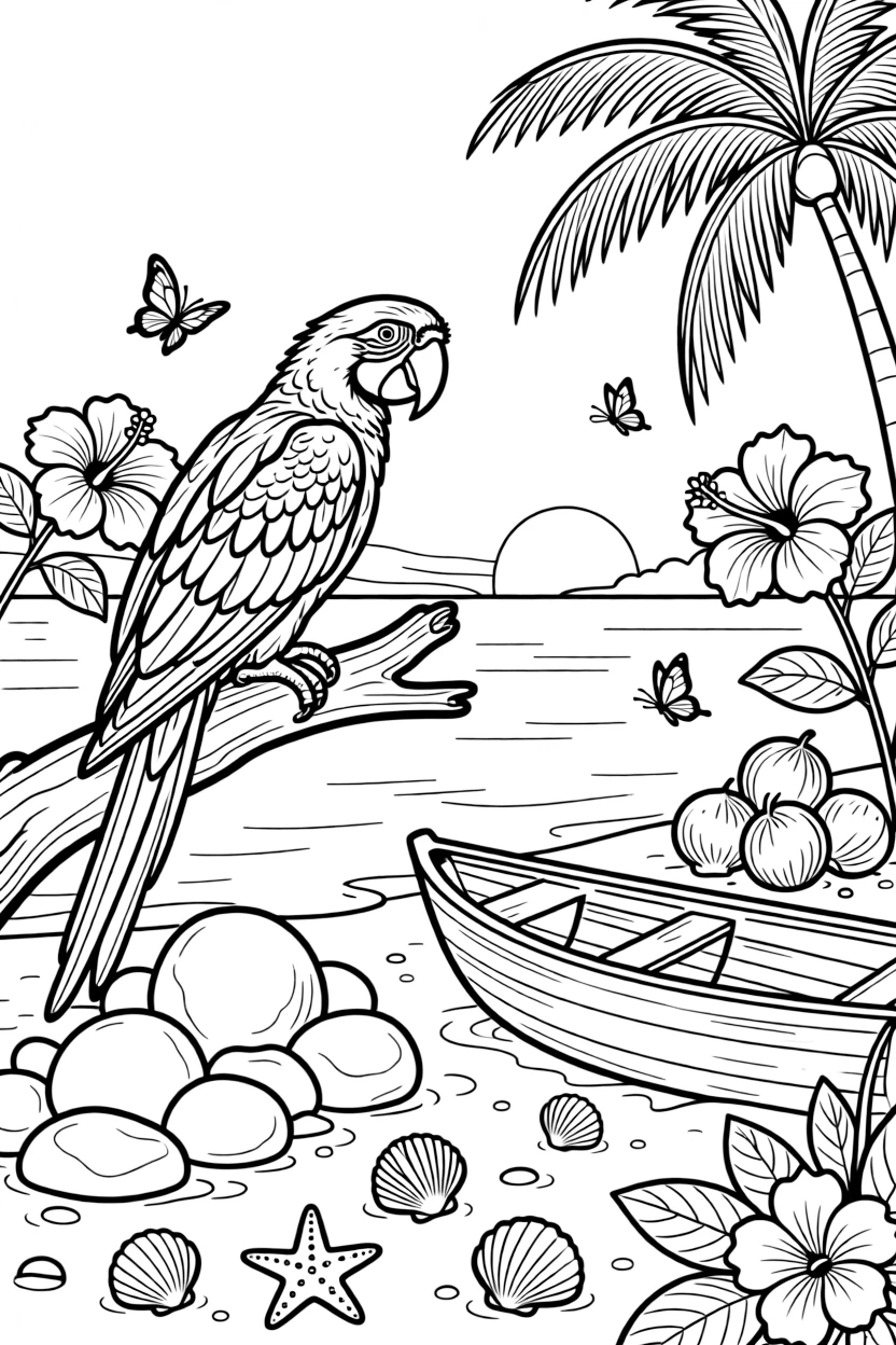 [Tropical Islands] A colorful parrot perches on a driftwood log, surrounded by scattered seashells and starfish. Butterflies flutter around hibiscus flowers growing near a cluster of smooth boulders. A wooden rowboat rests on the sand beside a pile of coconuts and tropical flowers. A warm breeze rustles the palm fronds as the sun sets in brilliant orange and pink.