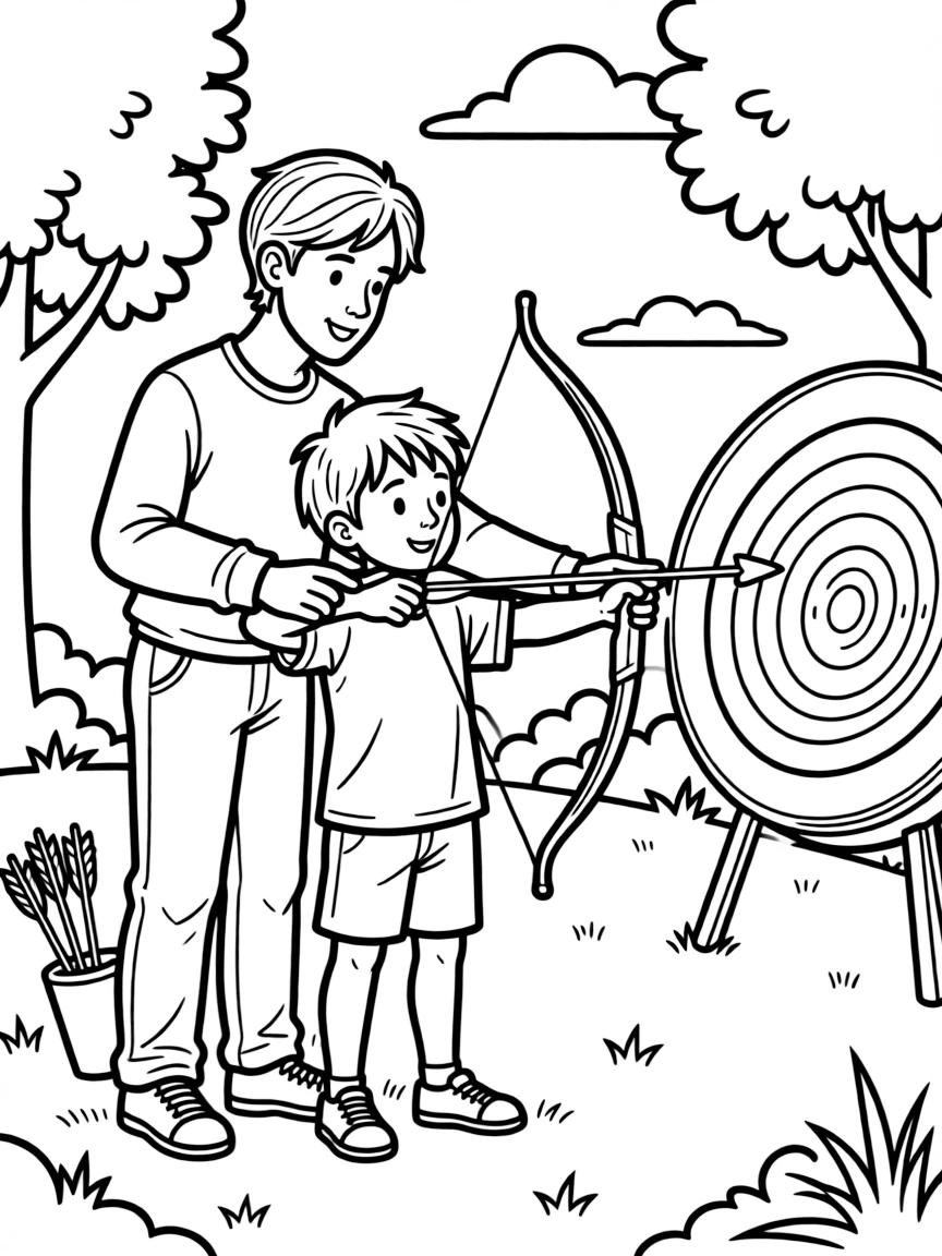 A archery instructor helps a student aim a bow at a colorful target.