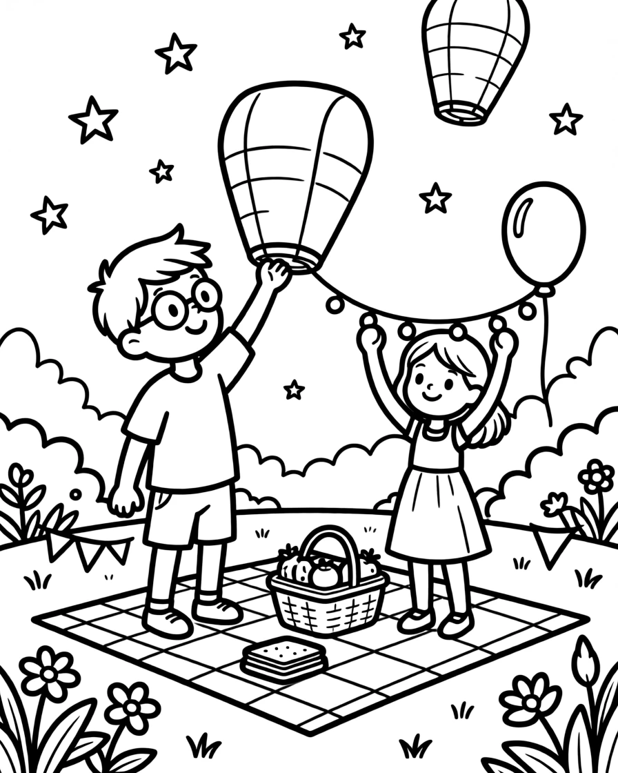 A boy with glasses releasing paper lanterns into the sky during a Fourth of July picnic with a stepsister with string lights twinkling overhead.