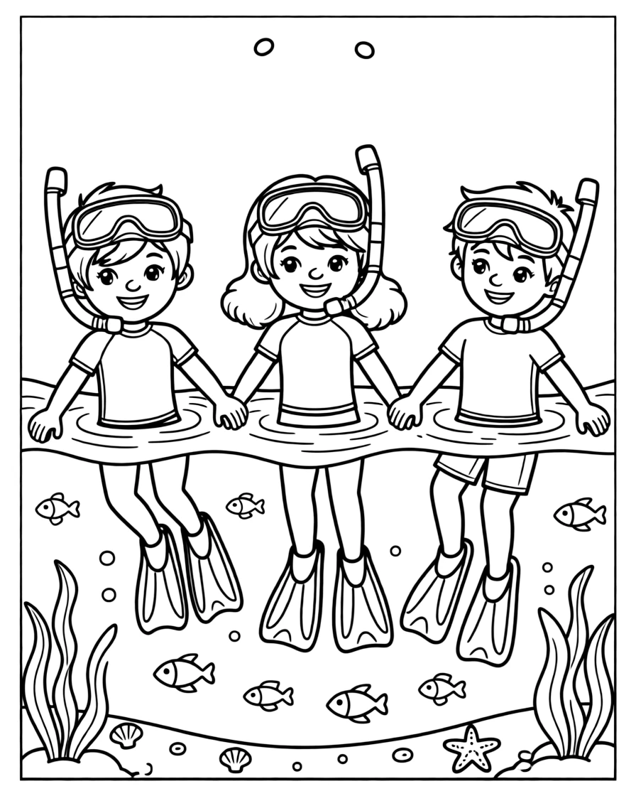 A pair of twin siblings, holding hands with a buddy while snorkeling together near the shore.