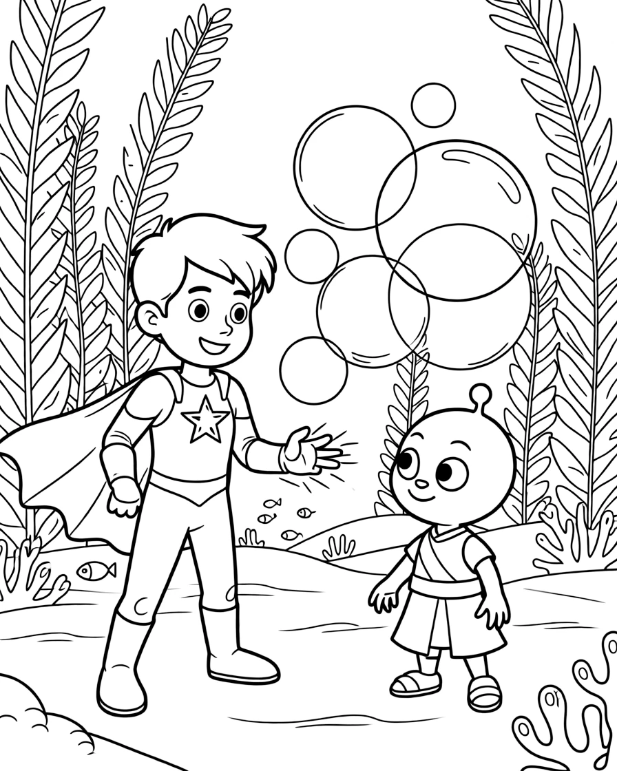 In a coral-covered ocean planet with floating kelp forests, Doctor Sparks, a kindhearted ice-blasting superhero kid greeting a friendly alien ambassador arriving at the spaceport, while a cluster of soap-bubble-like energy shields adds to the excitement.