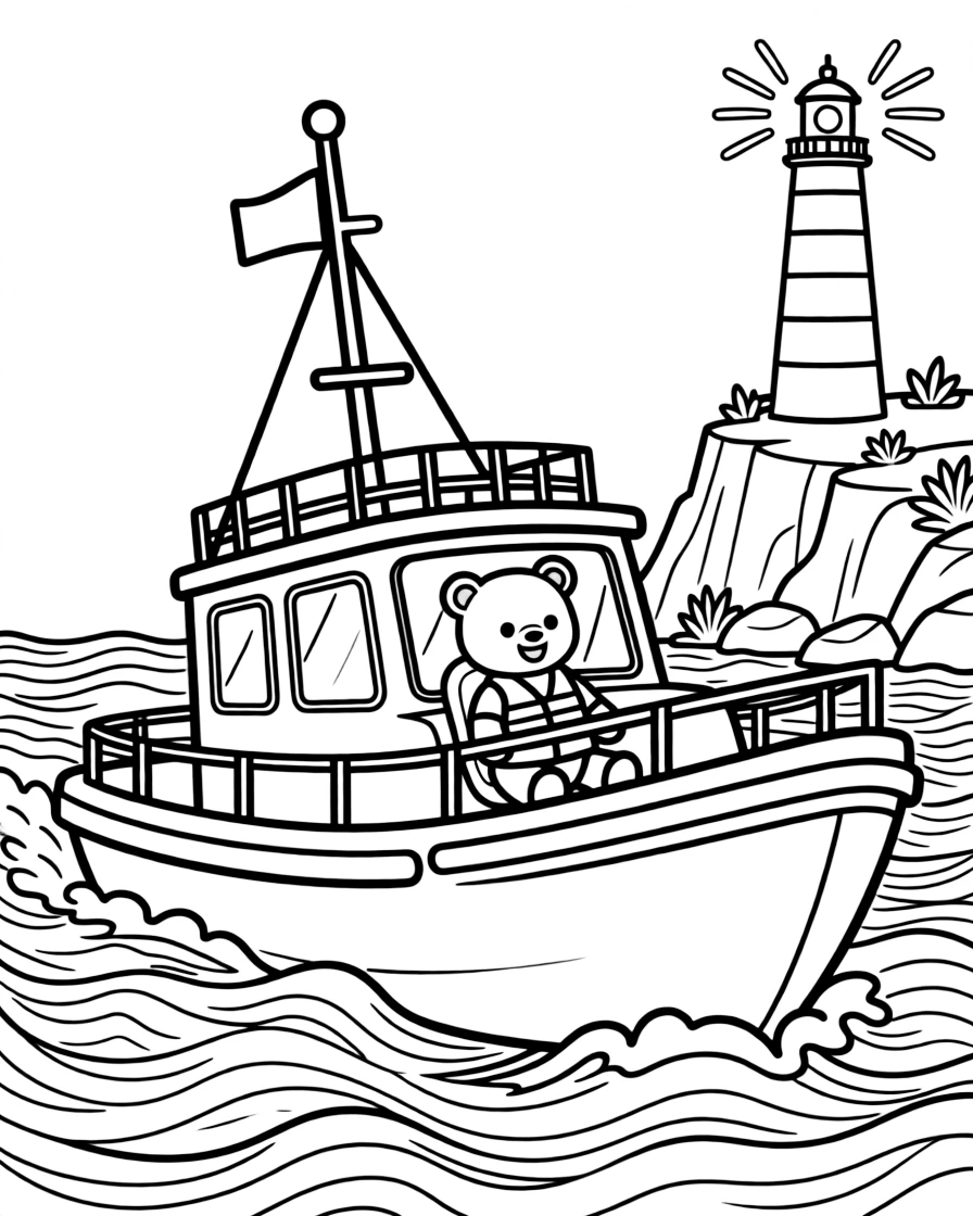 A big, friendly a coast guard rescue boat riding over choppy waves rolls through a rocky coastline with a striped lighthouse on the cliff, with a teddy bear buckled safely into the passenger seat enjoying the ride and a signal light blinking cheerfully adding a playful touch.