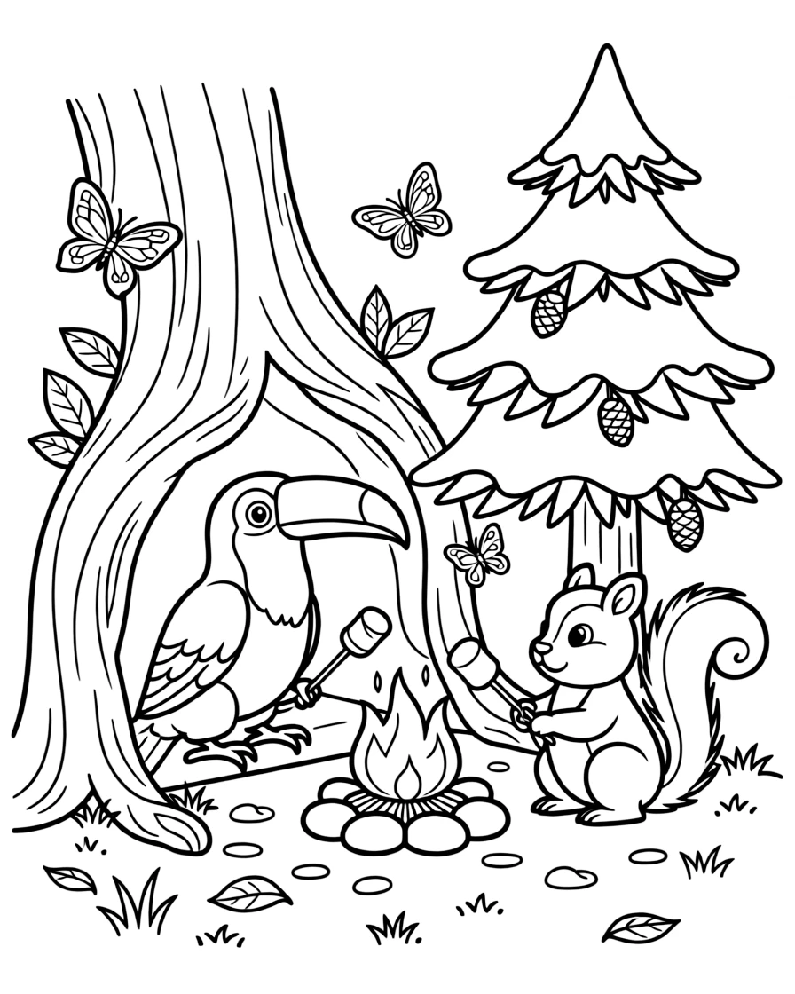 A toucan in a cozy burrow, roasting marshmallows by a campfire with a chipmunk, next to a snow-covered pine tree, surrounded by fluttering butterflies.