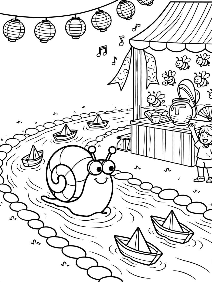 A wiggly snail mail carrier is racing paper boats down a bubbling brook at a lively night market strung with paper lanterns, joined by a swarm of bees buzzing around a honey jar and musical notes floating playfully in the air. Little cheers of excitement fill the air.