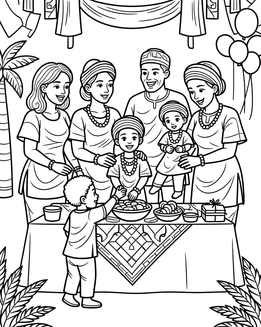 A coloring page of a heartwarming family scene in Nigeria showing a family celebrating together at a lively naming ceremony, with everyone smiling and working together happily.