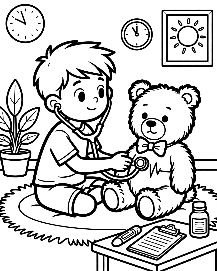 a wide-eyed young boy listens to a heartbeat through a stethoscope during a pretend doctor checkup.