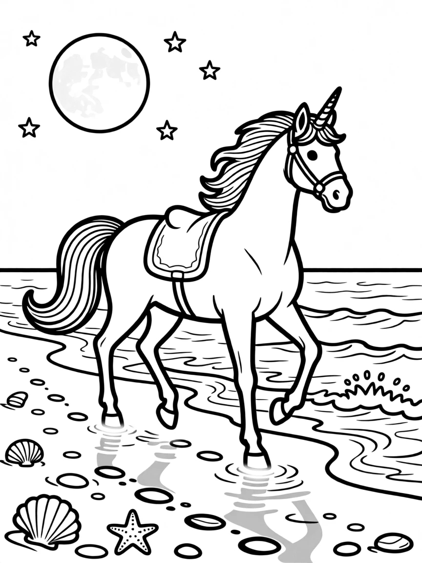 A moonlit unicorn gallops across a beach, hoofprints glowing faintly in the wet sand before fading with the tide.