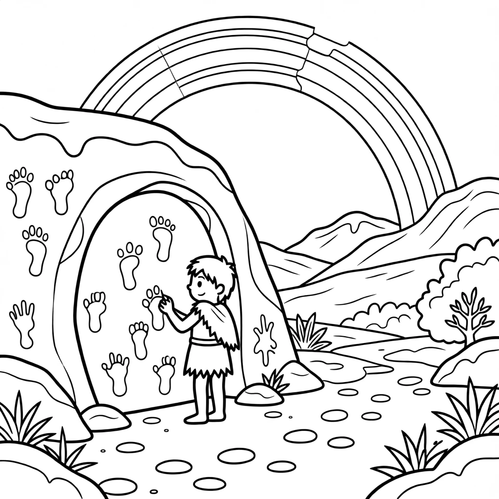 [Prehistoric Worlds] a hunter examining ancient footprints painting on a cave wall outside a rocky cave dwelling. In the background, snow blankets the rugged landscape, adding extra fun to explore. Fur wraps provide warmth against the cold. It all happens at sunrise, with a rainbow arching overhead.