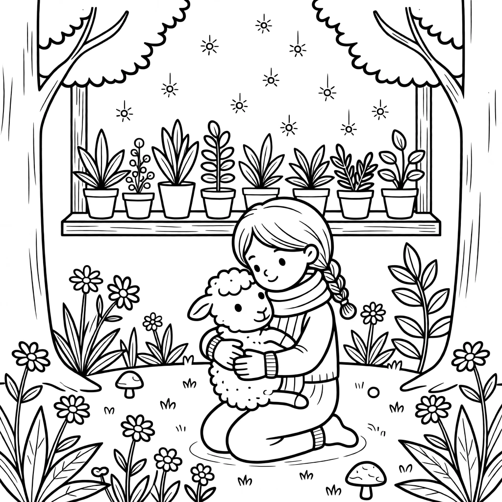 A girl bundled in a cozy scarf and mittens is cuddling a newborn farm animal in a quiet clearing of an enchanted forest. In the background, a row of potted plants along a windowsill and twinkling fireflies rising into the air add a sprinkle of wonder to the moment.