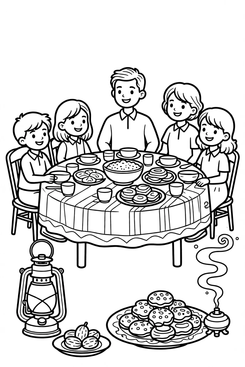 A lantern glowing beside a plate of dates at a family gathering around a table full of special dishes, with a plate of traditional festive treats and incense curling into the air nearby.