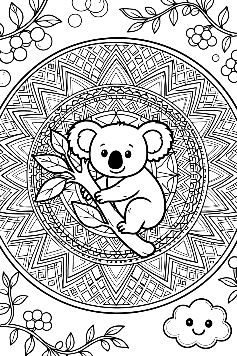 Zoo & Safari Animals: The design turns a koala hugging a smooth eucalyptus branch into a kaleidoscope-style composition anchored by an arched dome mandala built from layered nested arches. The imagery is broken into repeating fragments that spin outward from the center in a kaleidoscope-style circle of matching wedges. Decorative details fill the surrounding space, including a grid of lattice diamonds, clusters of round bubbles, and twisting berry-vine garlands woven throughout the background. A playful extra touch completes the page: a small round cloud with a friendly face tucked into a corner.