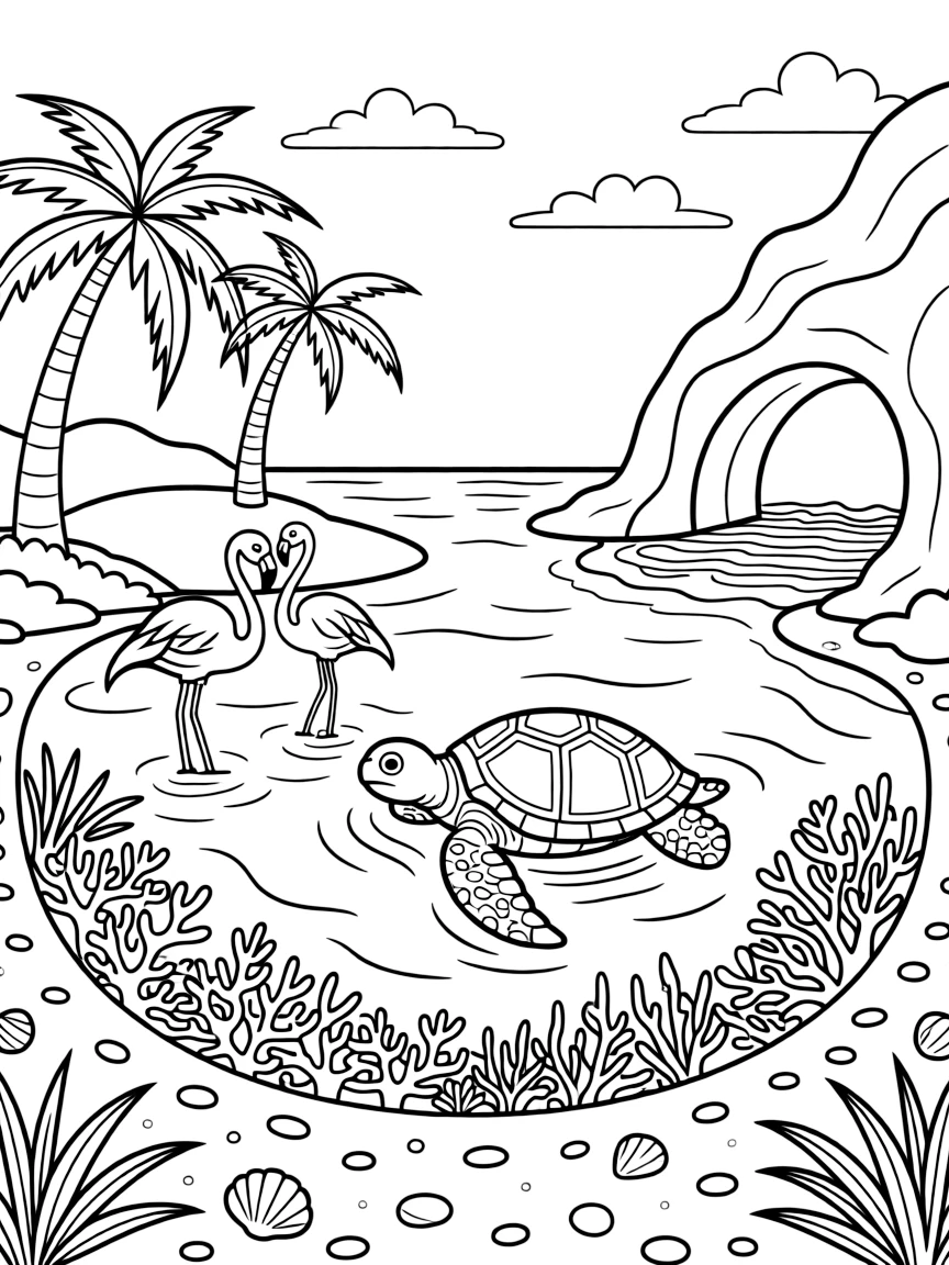 [Tropical Islands] A sea turtle swims lazily near a small island ringed with coral and clear blue water. A pair of flamingos wades in a shallow lagoon near the edge of the island. A rocky archway frames a hidden cove where gentle waves lap against the shore. A warm breeze rustles the palm fronds as the sun sets in brilliant orange and pink.