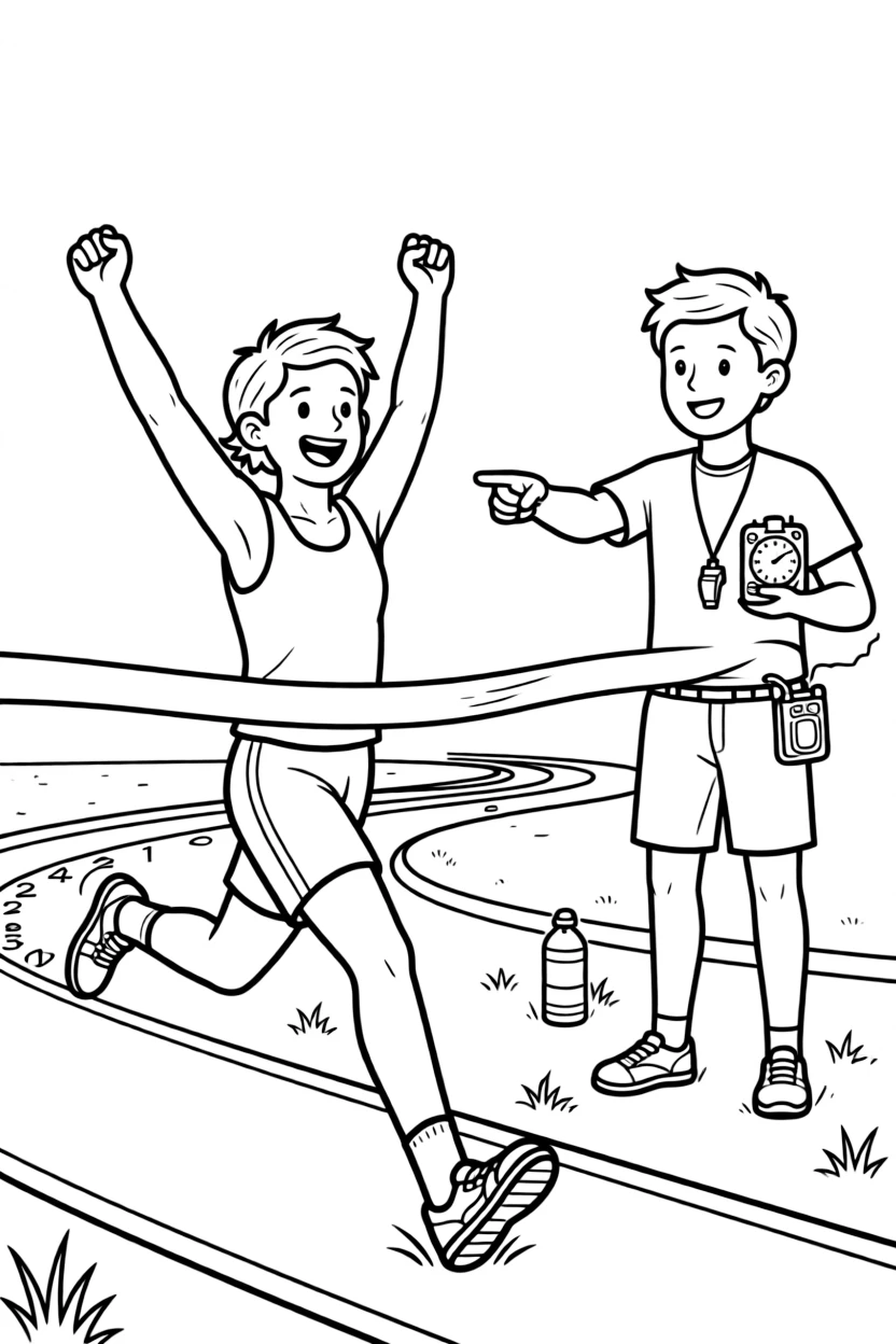 A track and field coach times a sprinter crossing the finish line.