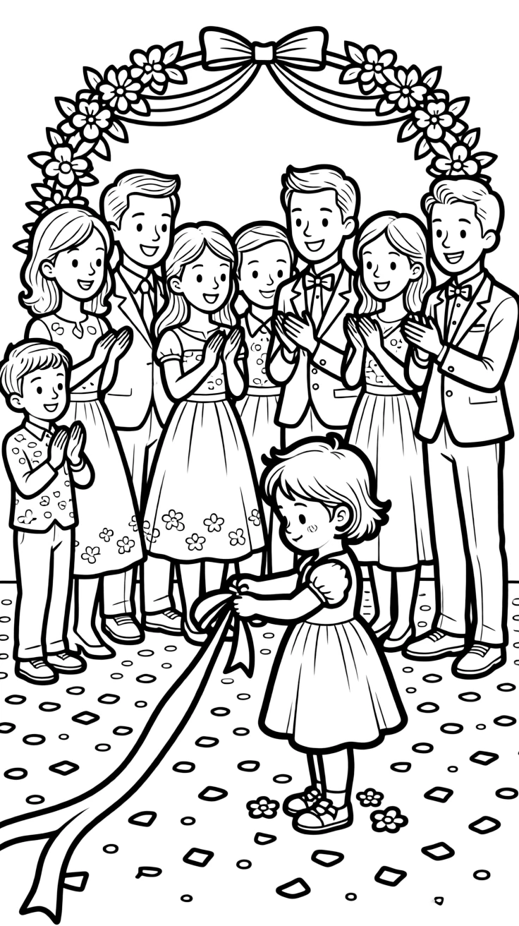 A shy toddler cutting a ribbon at a celebration during a wedding celebration with the whole family with confetti scattered on the ground.