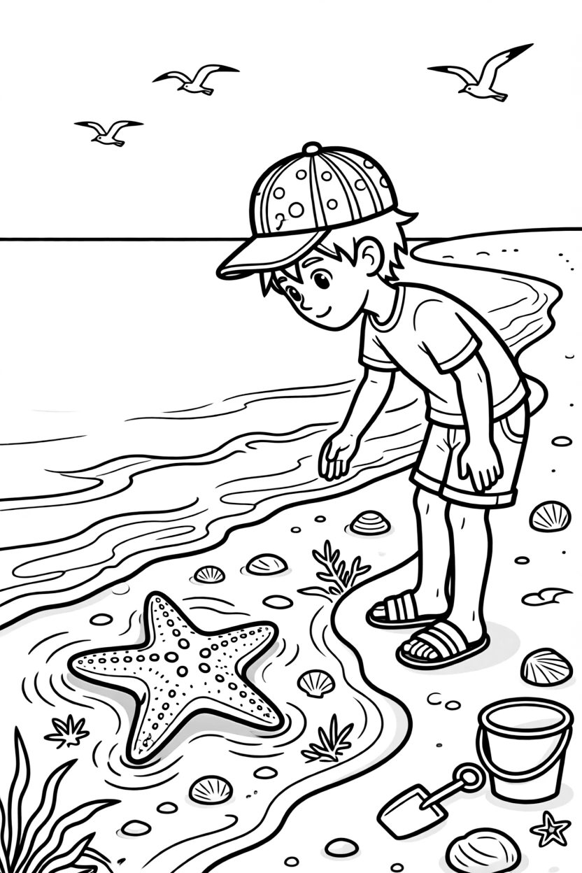 A confident boy wearing a bright cap, spotting a starfish resting on the sandy ocean floor below.