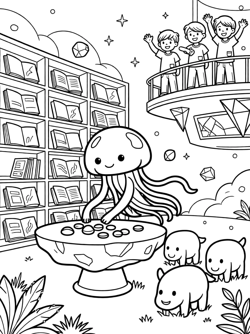 Pebble, a glowing jellyfish-like alien creature sorting colorful gems mined from an asteroid belt, in a floating library filled with holographic books, with a herd of gentle six-legged alien creatures grazing nearby and a group of kids waving from a nearby observation deck nearby.