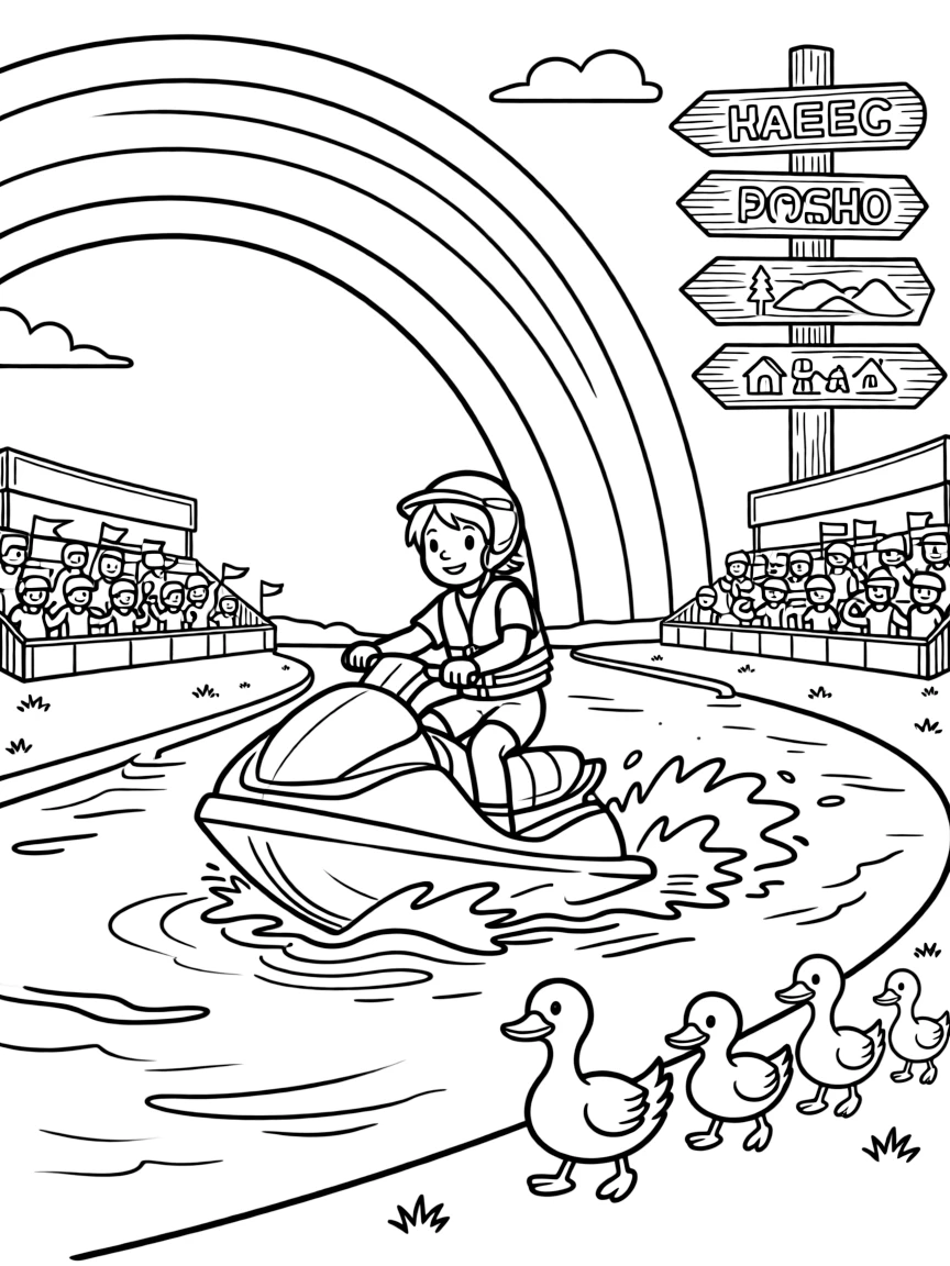 In this scene, a jet ski slicing a spray of water behind it is the star of a race track lined with cheering fans in the grandstands, joined by a family of ducks waddling alongside, with a rainbow arching across the sky and an old wooden signpost pointing to faraway towns scattered throughout for kids to color.