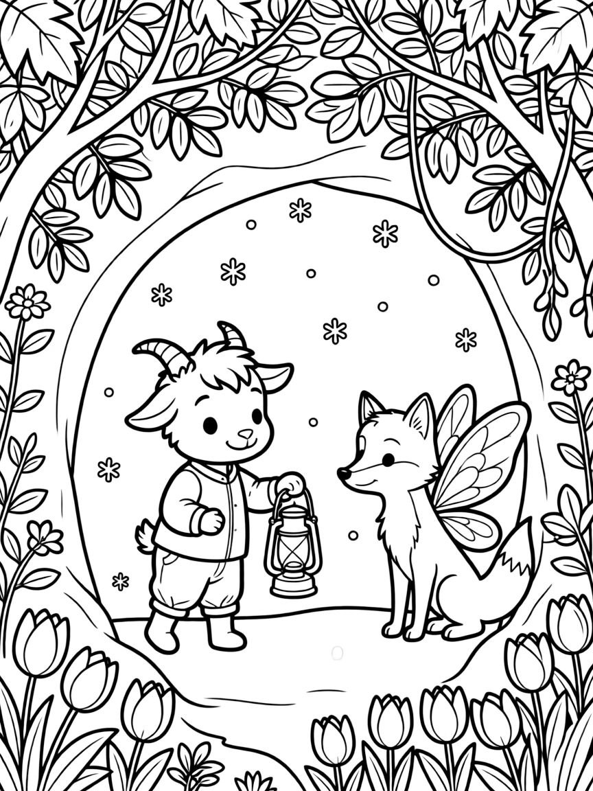 A goat kid exploring a cave with a lantern beside a fairy-winged fox in a bustling jungle canopy, near a bed of tulips, as gentle snowflakes drift down.