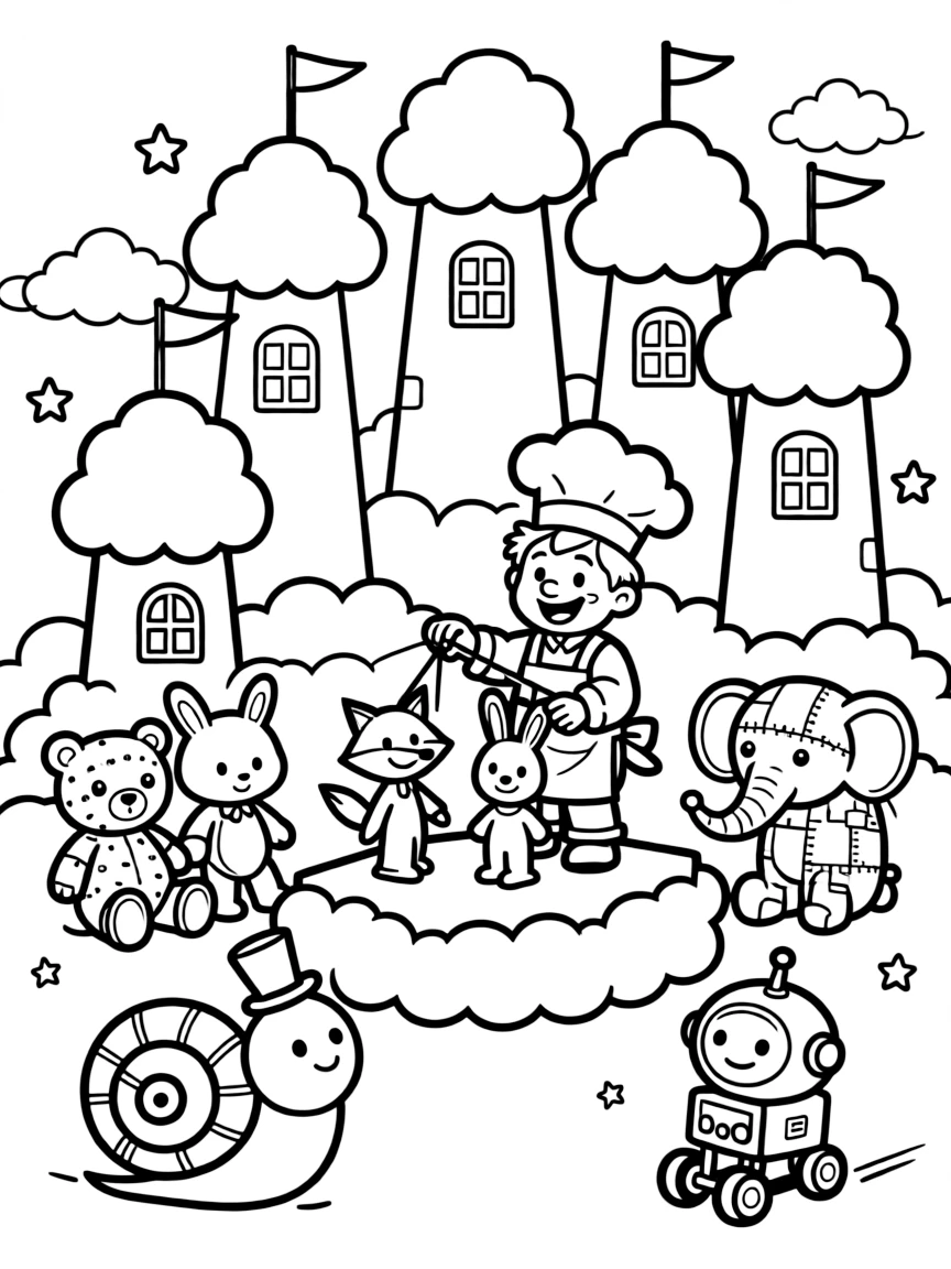 In a cloud kingdom with fluffy white towers, a bright-eyed ogre chef is busy putting on a puppet show for stuffed animal friends, cheered on by a snail wearing a tiny top hat and a tiny robot rolling along on training wheels. Giggles echo happily through the whole valley.