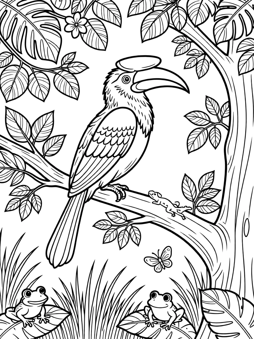 A coloring page spotlighting a colorful hornbill perched in a rainforest tree in Nigeria, framed by leafy branches, tall grass, and a few playful smaller creatures nearby.