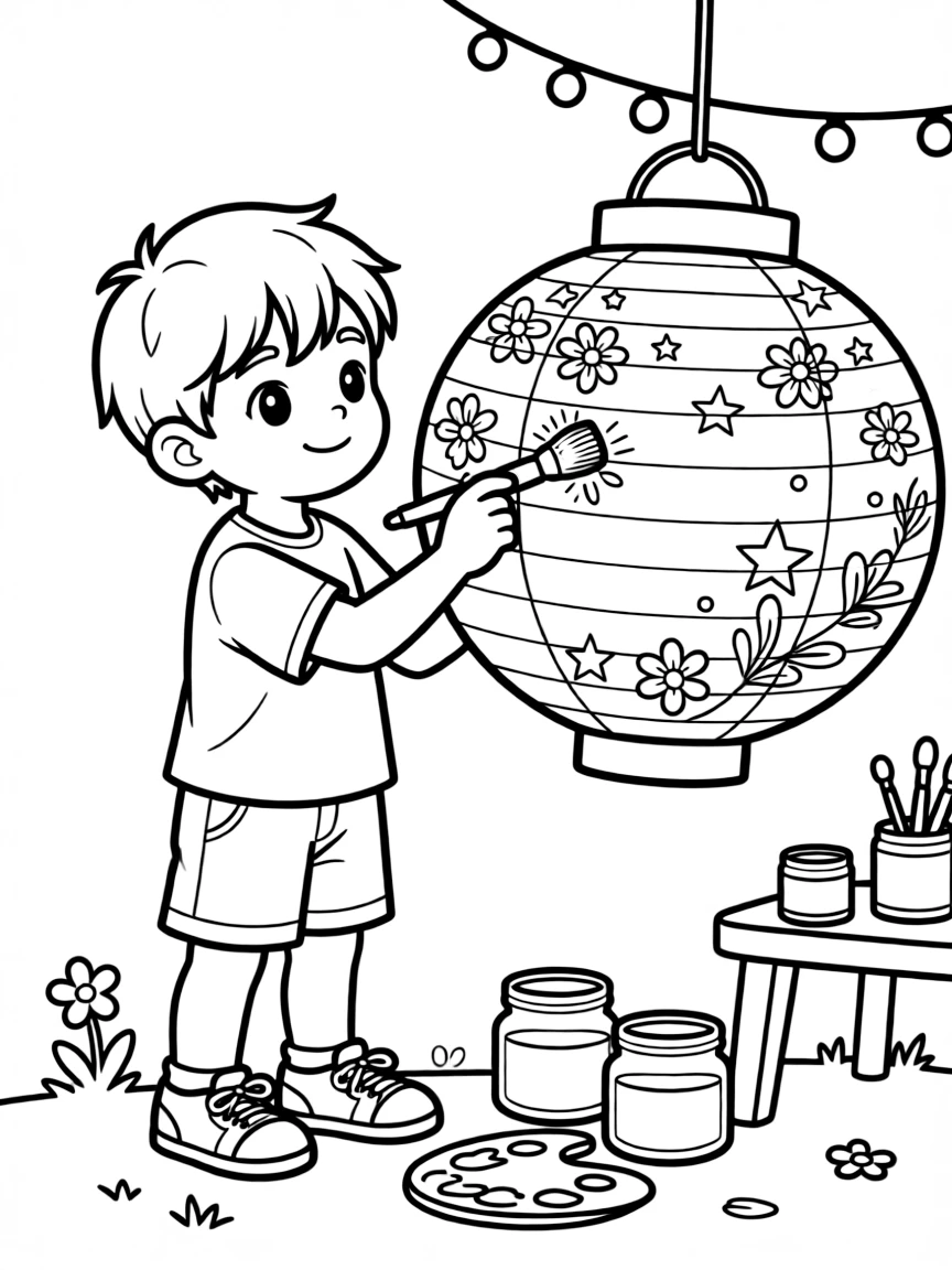 a bright-eyed little boy decorates a paper lantern for a nighttime cultural festival parade.