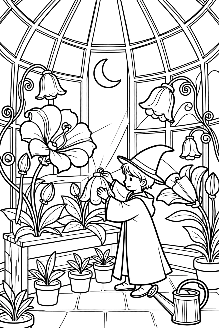 A wizard's tower greenhouse grows glowing moonflowers that only bloom at midnight, filling the room with soft blue light.