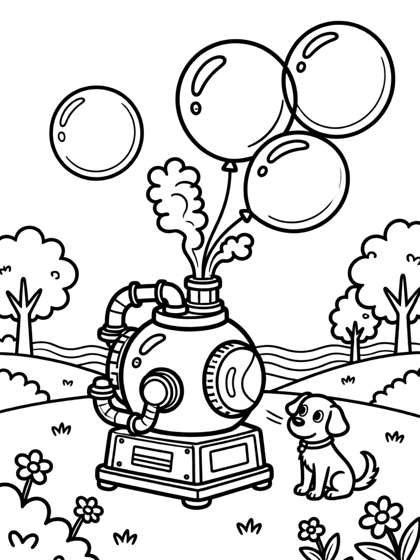 [Imaginative Inventions] a bubble-blowing machine launching bubbles the size of balloons over a sunny park, letting out a triumphant roar. Nearby, a curious dog watches from nearby. Smoke puffs playfully from a small pipe. The scene is captured during a bright summer day, with heat waves shimmering in the distance, giving the page a lively and adventurous feel that invites plenty of colorful detail.